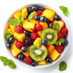 Fresh Mixed Fruit Salad with Mango, Kiwi, Berries, and Peaches.