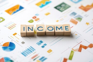 Income spelled with wooden blocks on a chart background.