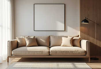 Minimalist home interior design of modern living room. Beige velvet sofa and floor lamp against wall with copy space.