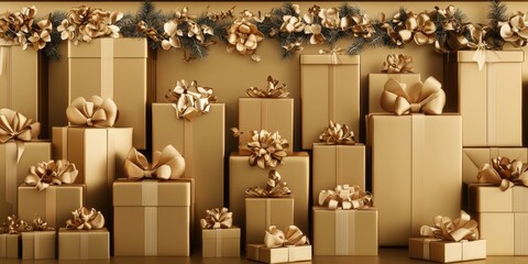 A luxurious background of neatly stacked gold gift boxes creating a wall-like effect with a strong sense of perspective, extending into the distance