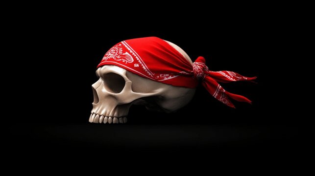 Red Bandana Skull: A stark, captivating image of a human skull adorned with a red bandana, set against a black background, evoking themes of mortality, rebellion, and style. 