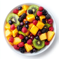 Fresh Mixed Fruit Salad with Mango, Kiwi, Berries, and Peaches.