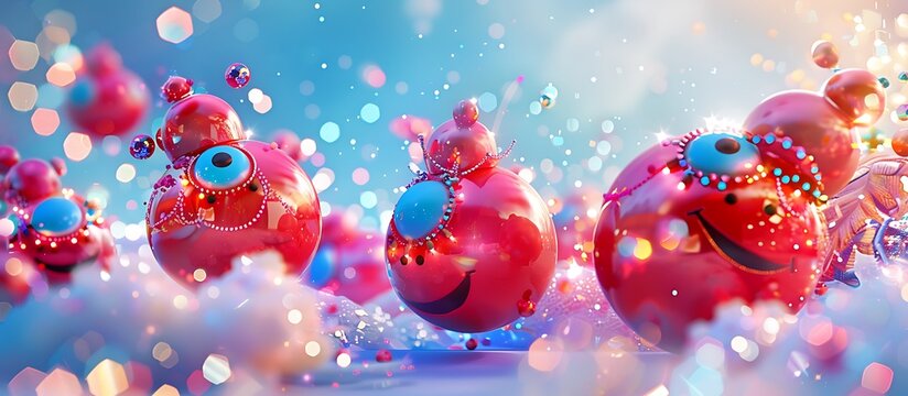 Emoji balls in vivid red and sky blue, each embellished with a unique abstract hat and radiant RGB lights, against a sparkling abstract backdrop.