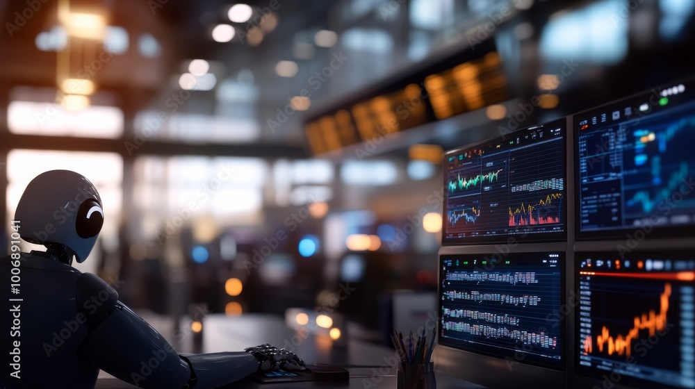 Aufkleber a humanoid robot sits at a modern trading desk, surrounded by holographic screens showing dynamic fi