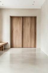 Modern minimalist entrance with wooden sliding doors and polished concrete floor in a contemporary interior space