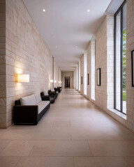Modern hallway with natural light and minimalist design in a contemporary building