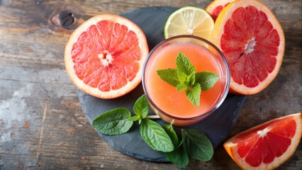 Grapefruit halves arranged on a table with mint leaves and a refreshing drink.