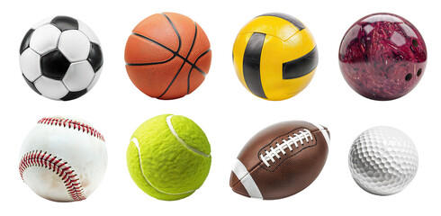Sport activity balls, variety set bundle PNG transparent background, isolated graphic resource cutout. Soccer, american football, basketball, baseball, volleyball, tennis, golf, bowling