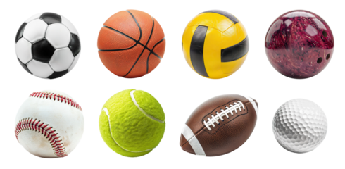 Sport activity balls, variety set bundle PNG transparent background, isolated graphic resource cutout. Soccer, american football, basketball, baseball, volleyball, tennis, golf, bowling