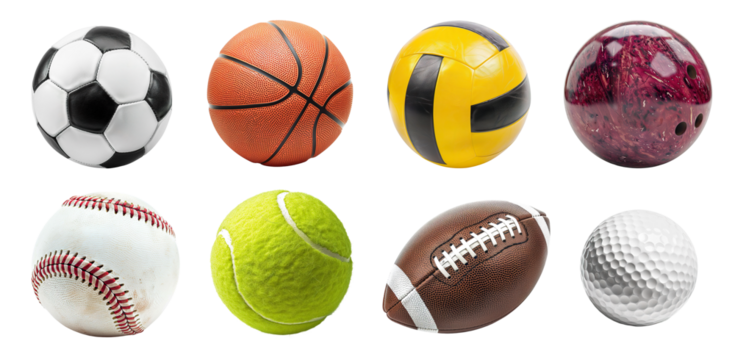 Sport activity balls, variety set bundle PNG transparent background, isolated graphic resource cutout. Soccer, american football, basketball, baseball, volleyball, tennis, golf, bowling