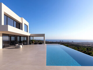 Modern villa with infinity pool overlooking the ocean under clear blue sky on a sunny day
