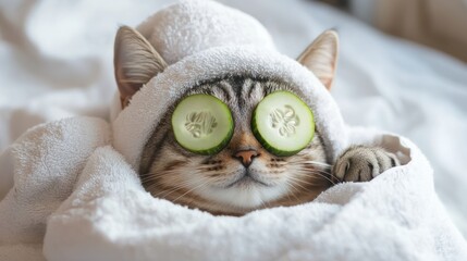 Cat relaxing in spa with cucumber slices on eyes. Cute cat in a bathrobe and turban on spa treatments after bath. Beauty procedures, wellness, relaxation concept. Pet grooming, domestic pets treatmen