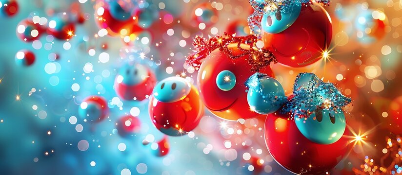Emoji balls in vivid red and sky blue, each embellished with a unique abstract hat and radiant RGB lights, against a sparkling abstract backdrop.