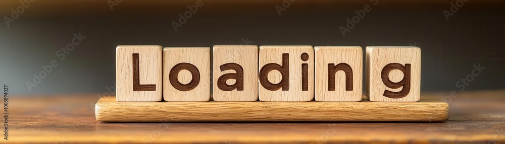 Wall mural wooden blocks displaying the word 'loading' on a work desk.