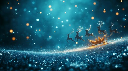 blue christmas background and a small sleigh flying in the back by reindeers and santa