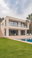 Modern villa with expansive windows and a swimming pool surrounded by lush greenery in a serene setting