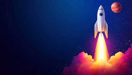 A flat design of a space rocket blasting off, with a minimalist galaxy and planets in the background