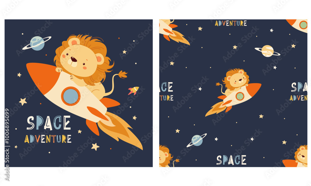 Wall mural set of vector illustrations for printing on children's products. cute lion flying on a rocket in spa