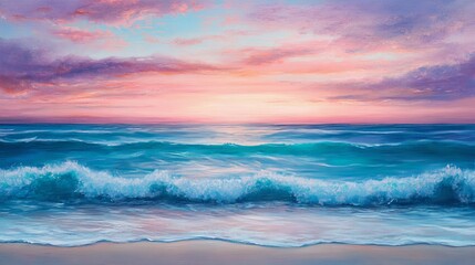 Beautiful ocean sunset with colorful sky and waves, tranquil nature scene. Relaxation and serenity concept
