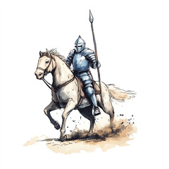 Knight in armor riding a horse, illustration on a white isolated background.