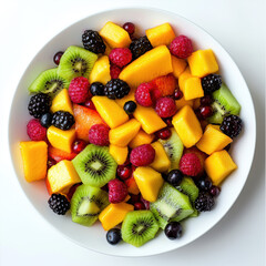 Obraz premium Fresh Mixed Fruit Salad with Mango, Kiwi, Berries, and Peaches.