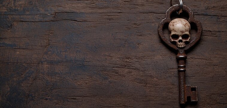 A haunted house key, rusty and twisted, with a small skull charm dangling from the handle