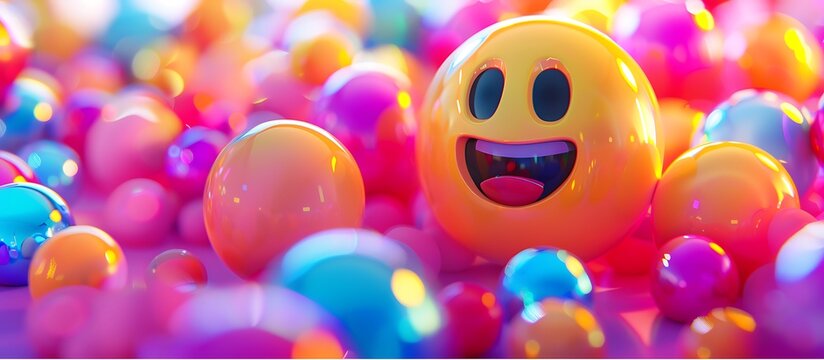 Energetic emoji ball with vibrant abstract balls in the background, full frame