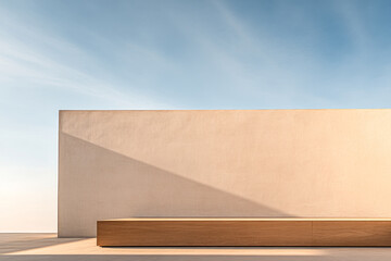 A minimalistic outdoor design featuring a wooden platform and a textured wall under a clear sky during daylight
