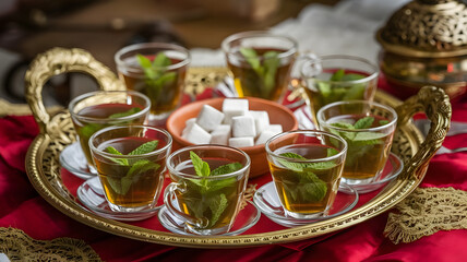 Fototapeta premium A beautifully set Arabic tea tray with small glass cups, filled with mint tea, and a bowl of sugar cubes. 