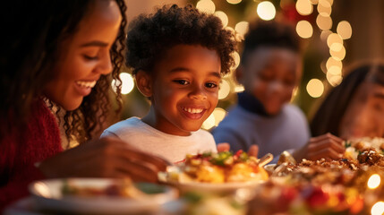 Close-up of a family serving themselves from a buffet-style Christmas dinner, with everyone enjoying homemade holiday dishes