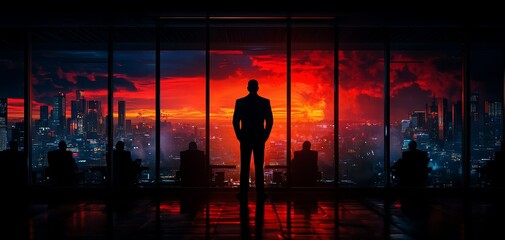 Fototapeta premium A leader standing in front of a window overlooking a city, reflecting on the future while their team works in the background