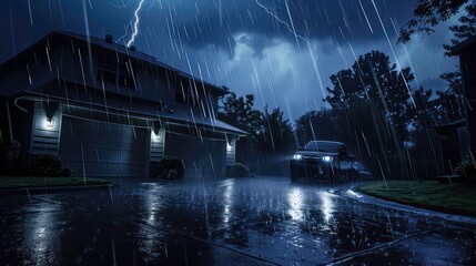 A car drives down a wet driveway during a thunderstorm with lightning striking in the background.