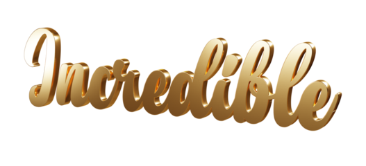 Luxury 3D gold text "Incredible" on transparent background. Three dimensional Realistic script letters for logotype, symbol, signage, message etc.