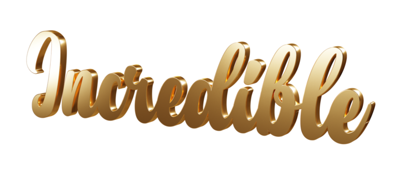 Luxury 3D gold text "Incredible" on transparent background. Three dimensional Realistic script letters for logotype, symbol, signage, message etc.