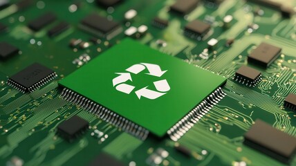 A green recycle symbol on a microchip surface, illustrating the intersection of technology and sustainability.