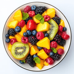 Obraz premium Fresh Mixed Fruit Salad with Mango, Kiwi, Berries, and Peaches.