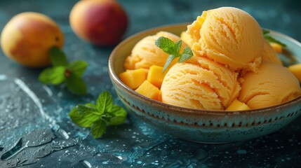 Enjoy a bowl of Delicious Peach Ice Cream topped with Fresh Fruits and Mint for a refreshing treat