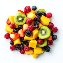 Fresh Mixed Fruit Salad with Mango, Kiwi, Berries, and Peaches.