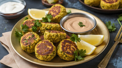 A golden plate of crispy falafel with a side of tahini sauce, garnished with fresh parsley and lemon wedges.
