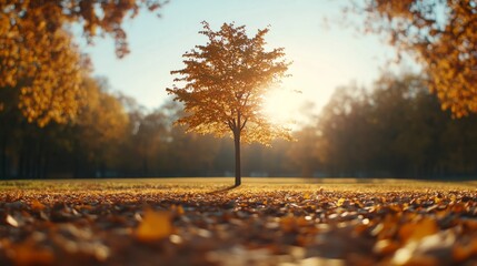 A golden-leafed tree rises in a sunlit clearing, bathed in warm light, framed by a carpet of fallen leaves and an autumn forest in soft focus