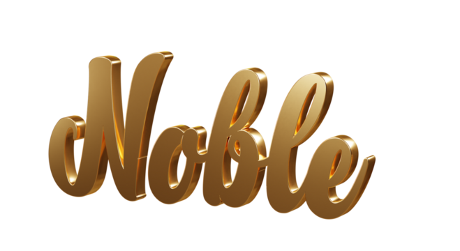Luxury 3D gold text "Noble" on transparent background. Three dimensional Realistic script letters for logotype, symbol, signage, message etc.