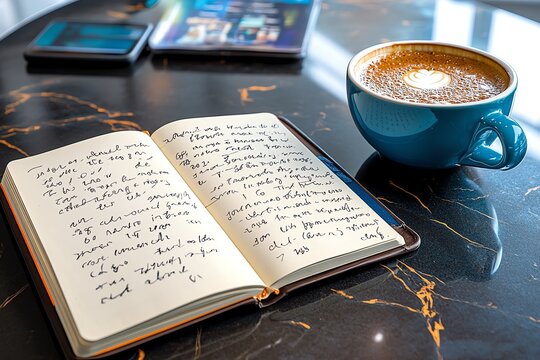 A journal open on a table, with handwritten reflections on yesterdayâ€™s events, capturing personal growth and lessons learned, alongside a cup of coffee.