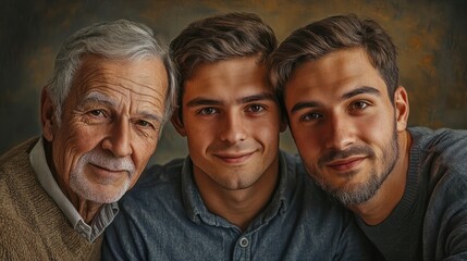 Grandfather, father and son, group of three men happy family generations together. Old man grandpa, middle aged man dad and young teenage boy portrait. Grandson, grandchildren, bonding