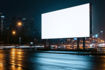 Blank billboard at night displaying clear sky, surrounded by city lights and traffic.