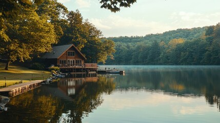 Obraz premium Wooden dock on calm lake surrounded by forest