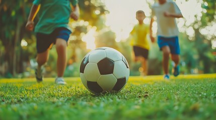 Obraz premium Children playing soccer on lush green field, focus on legs and soccer ball in motion, energetic scene