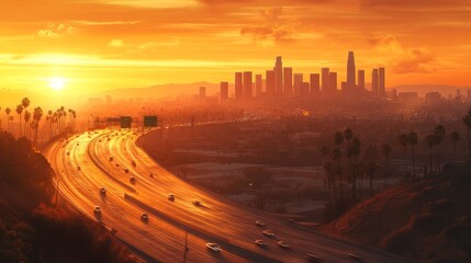 Obraz premium Warm sunset hues bathe a bustling city skyline and curving highway in golden light,