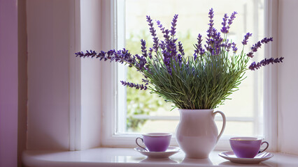 A carefree corner of peace: Fragrant coffee with lavender flowers in a white ceramic jug, a purple cup of tea and a quiet connection with nature through the window