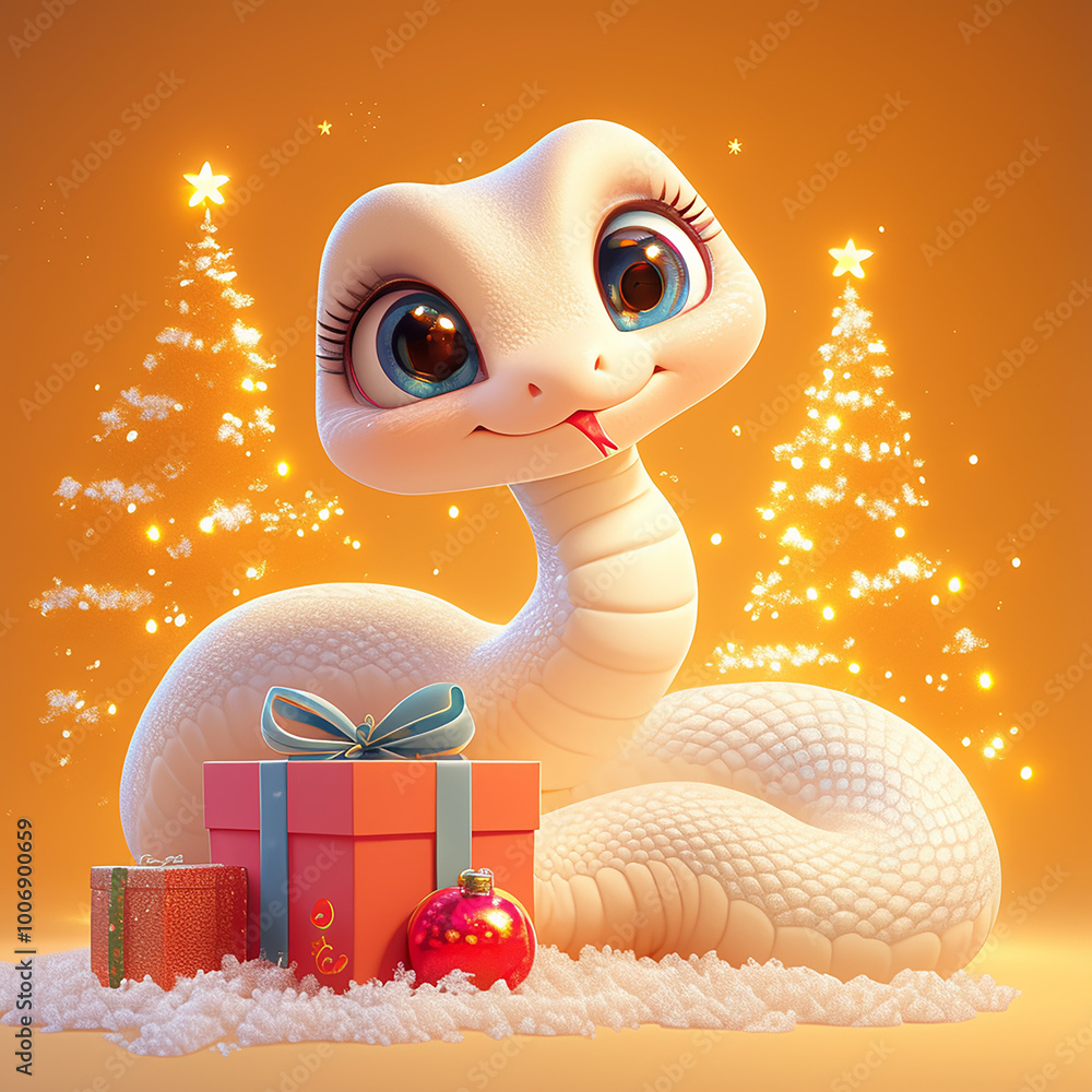 Poster a white snake is holding a red box with a star on top of it. the image has a festive and playful moo