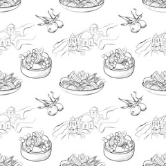 vector seamless pattern line art elements - food, cuisine
